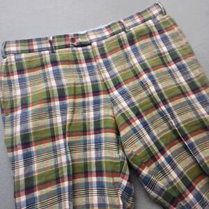 Brooks Brothers 1818 Madison Plaid Linen Pants Mens 38x30 Green Blue Multicolor